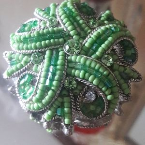 SIGNED "BEST" GREEN BEADED BROOCH!